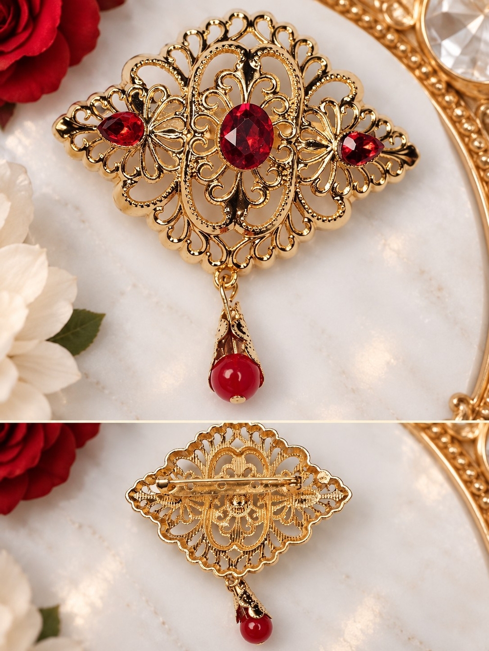 Gold Filigree Red Crystal Dangle Brooch